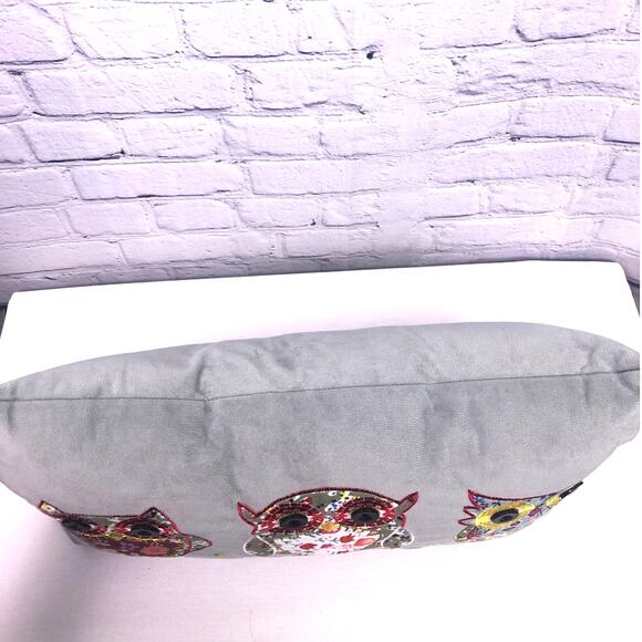 Triple Owl Embroidered Button Eyes Multicolored Soft Gray Accent Throw Pillow - Picture 7 of 8